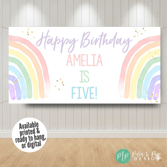 Girls birthday banner with pastel rainbows, personalized with name and age