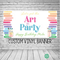 custom girls art birthday backdrop with bright rainbow colors and watercolor paint brush design