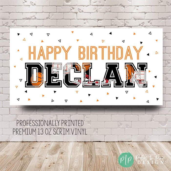 custom basketball birthday banner with orange and black writing and basketball clipart