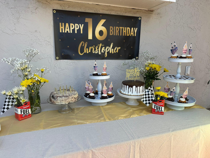Happy 16th Birthday banner with black and gold dots