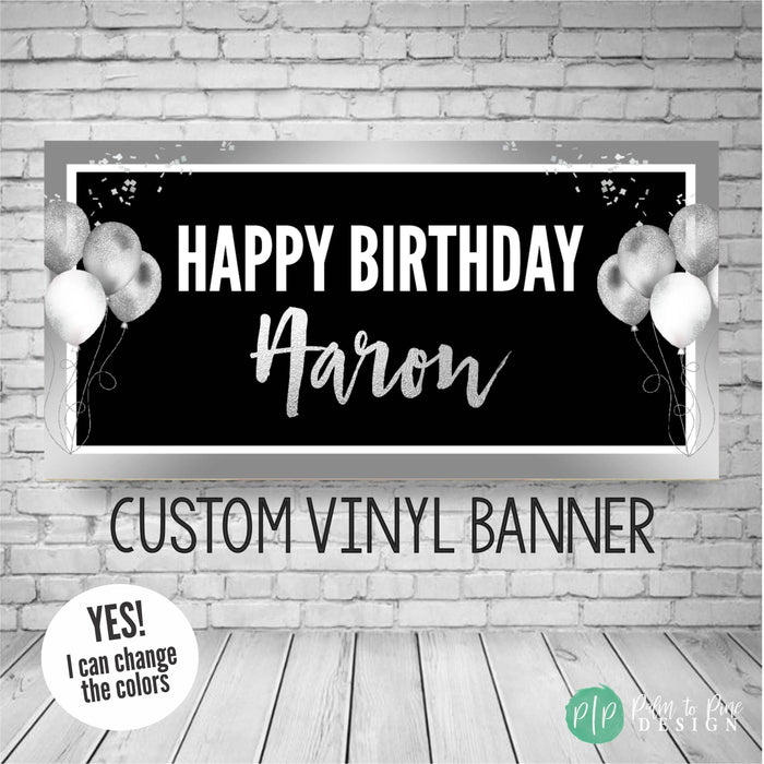 Black and silver personalized happy birthday banner for adult party decorations