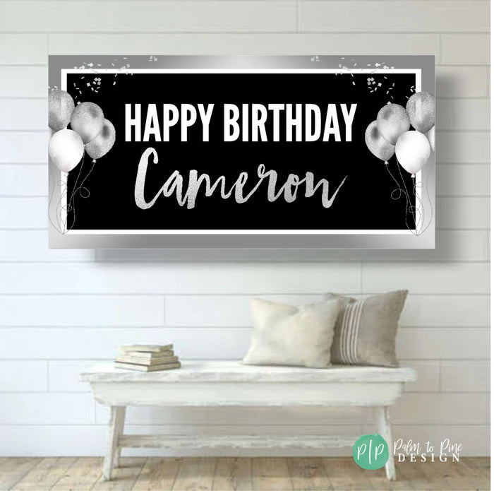 Black and silver personalized happy birthday banner