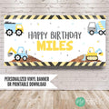 Boys construction birthday banner in light yellow and blue pastel color scheme, design includes various construction vehicles like excavator, dump truck and bulldozer