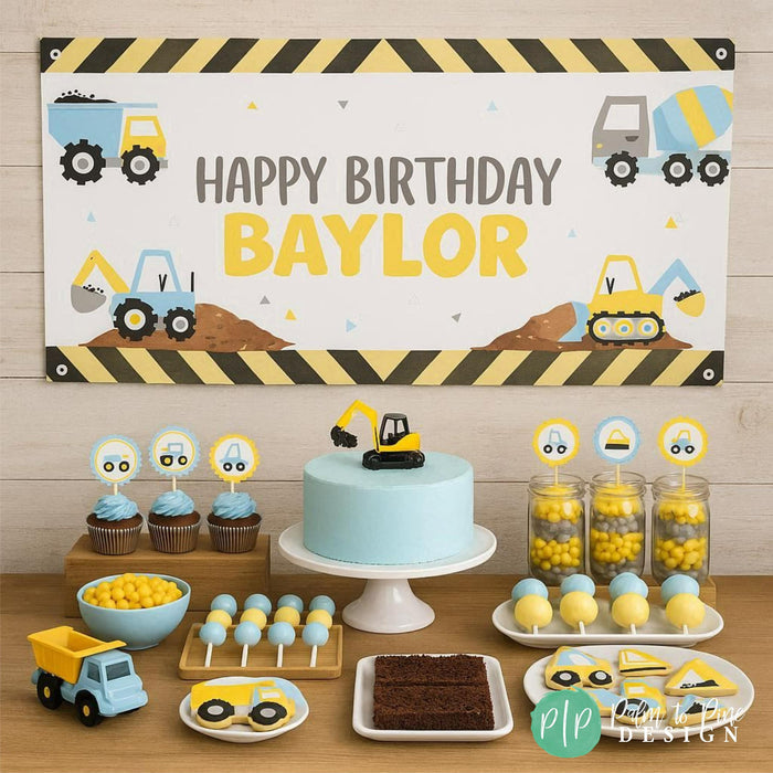 Boys construction birthday party in light blue and yellow with personalized birthday banner