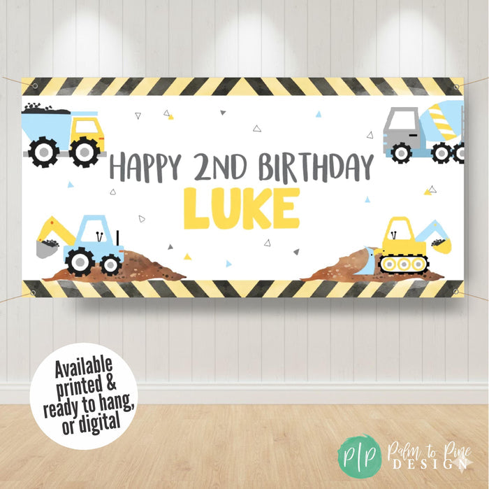 Boys construction birthday banner with vehicles like excavator, dump truck and bulldozer, personalized with name and age