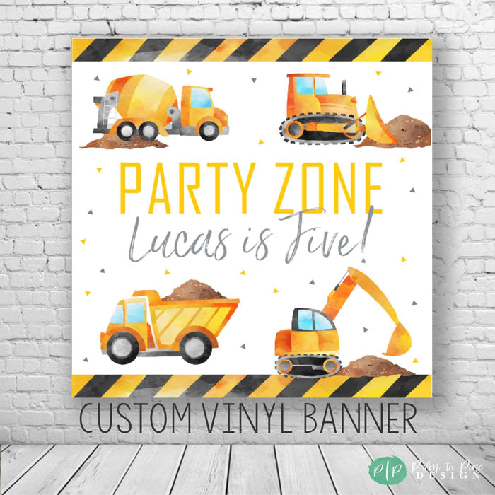 construction party banner with construction equipment and caution tape