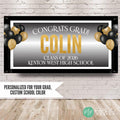 Class of 2026 Graduation party banner in black and gold with modern design, personalized with grads name and school