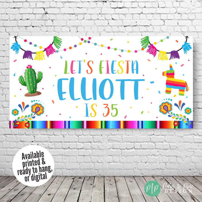 custom fiesta birthday banner with pinata, cactus and bright color clipart