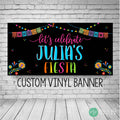 Mexican Fiesta Party Banner with papel banners and mexican flowers in bright colors