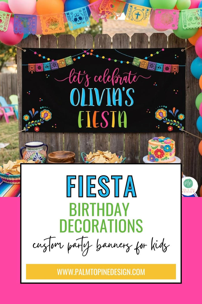 Custom Mexican fiesta party backdrop featuring a personalized vinyl banner with bright lettering and papel picado banners. Displayed outdoors on a fence with a colorful balloon garland and floral birthday cake.
