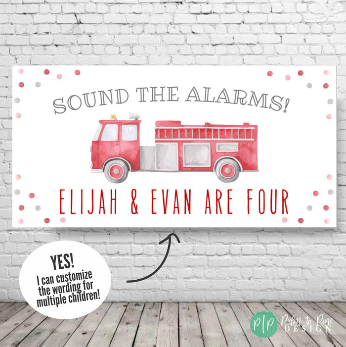 Watercolor firetruck birthday banner with “Sound the Alarms” text, personalized with child’s name and age. Features red firetruck and modern watercolor confetti dots.