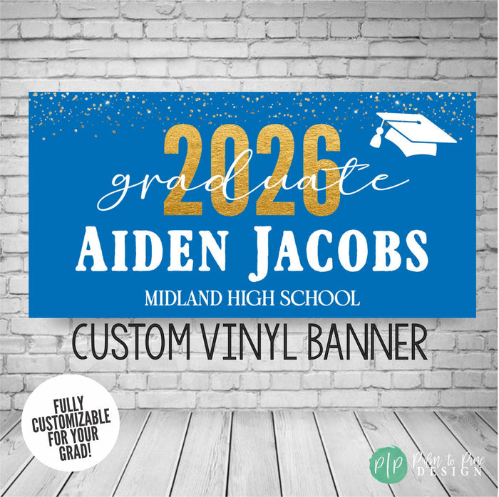 Personalized graduation banner celebrating the Class of 2026 in school colors with graduates name and school
