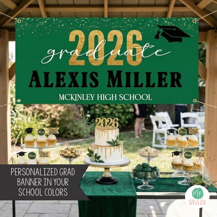Graduation Party Set Up in backyard with personalized banner in black, gold and green hung from gazebo behind an elegant dessert table and large cake with 2026 cake topper