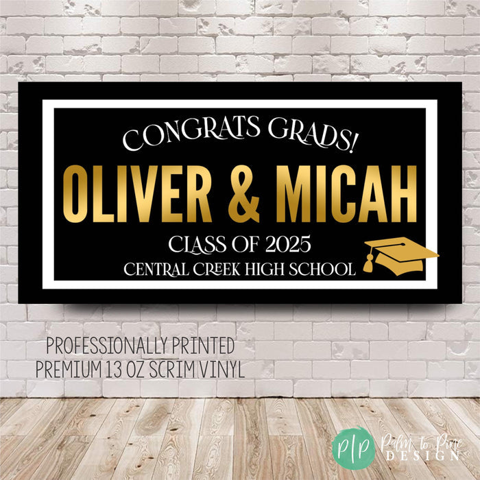 Black, gold, and white graduation banner with "Congrats Grad," graduate's name, Class of 2025, and school name, accented with a graduation cap and modern black and white border.