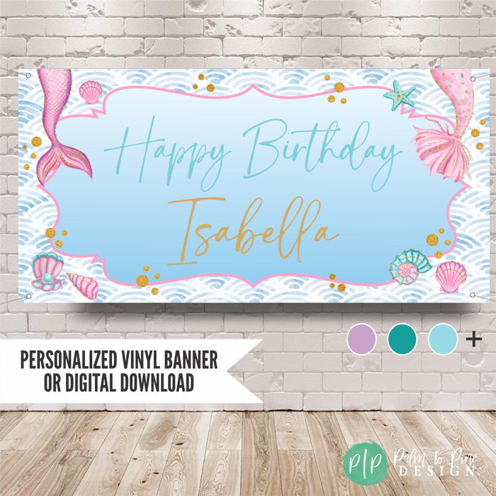 Watercolor Mermaid tails birthday banner with seashells and pink and gold accents