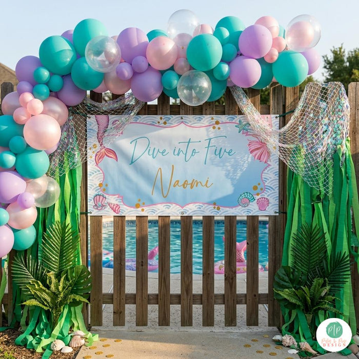 Girls "Dive into Five" Mermaid birthday banner and balloon garland for pool party