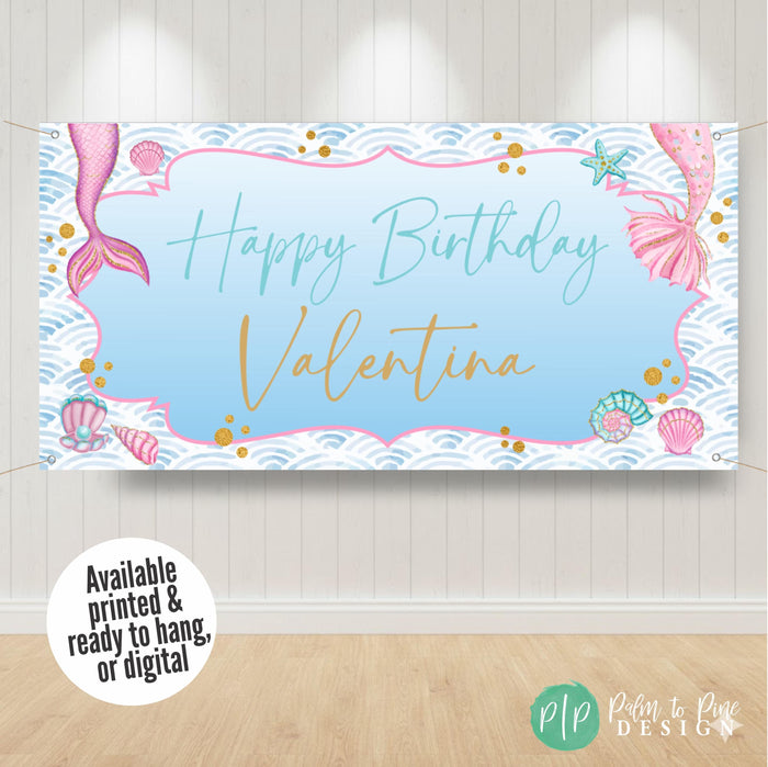 Girls Mermaid birthday banner with watercolor blue design, seashells and pink and gold accents