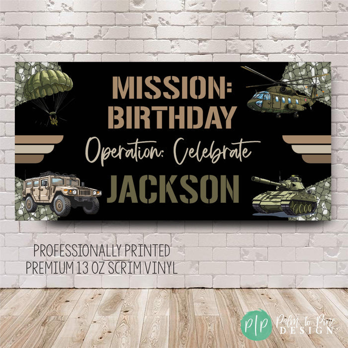 Army Birthday Banner with military vehicles and camouflage colors