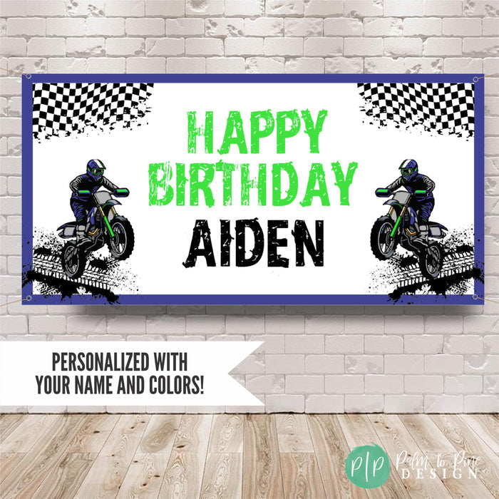 Personalized Dirt Bike Birthday Banner for boys with motocross bikes and checkered flags