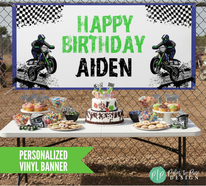 Boys Dirt Bike birthday banner at race track