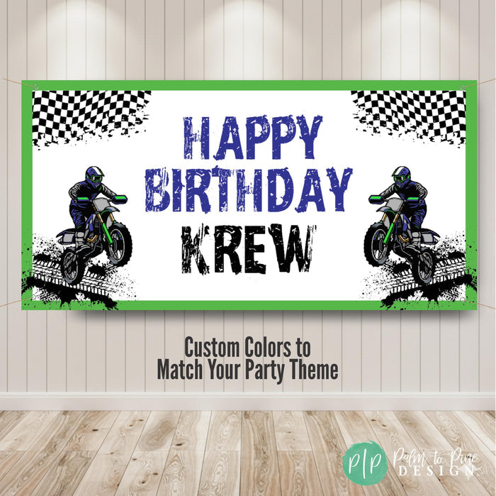 Motocross dirt bike birthday banner with checkered flags and tire tread