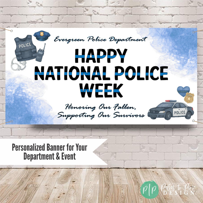 Happy National Police Week banner with thin blue line design and law enforcement images