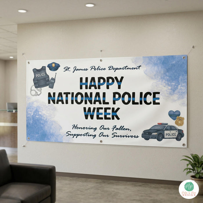 Police station decorated with appreciation banner for National Police Week