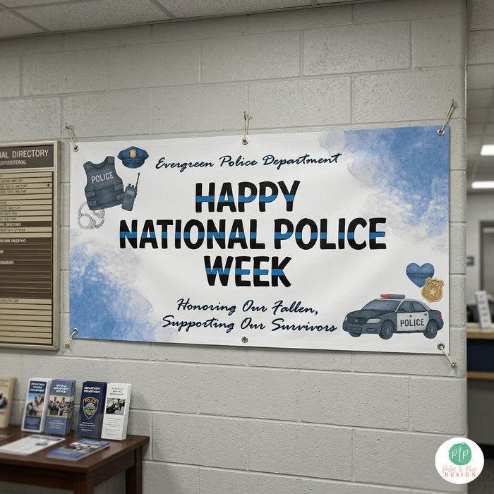 Personalized police banner with department name and Police Week message displayed at police station