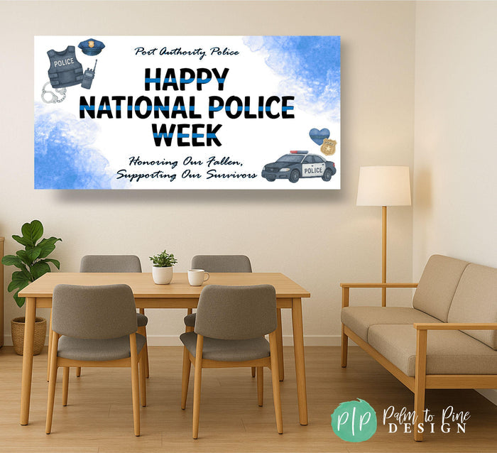 National Police Week banner displayed in a break room setting with chairs and tables, honoring fallen officers and supporting survivors. Watercolor police illustrations and a thin blue line design give the banner a respectful and artistic feel.