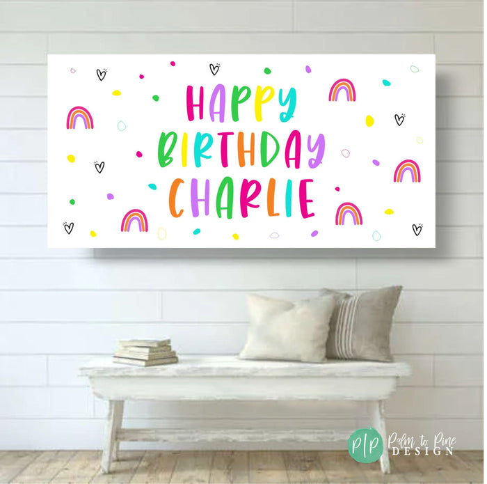 personalized tween birthday banner for girls with rainbow and dot design