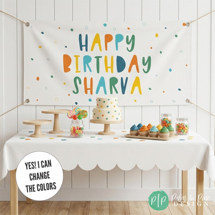 Boys reusable birthday banner in blues, greens, yellows and oranges