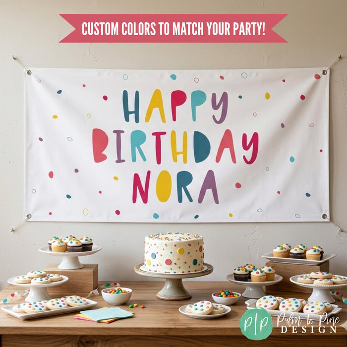 Girls polka dot birthday banner in rainbow color palette