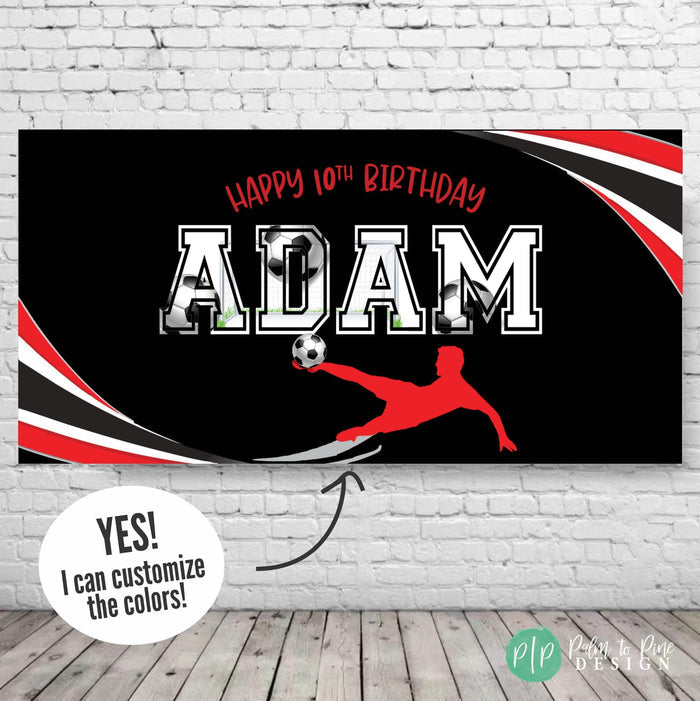 Custom Soccer Birthday Sign in red and black design with soccer player silhouette for kids birthday party