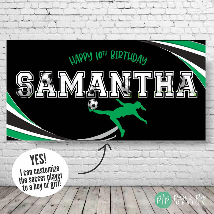 soccer birthday banner for girls in black and green design with soccer player silhouette kicking a soccer ball