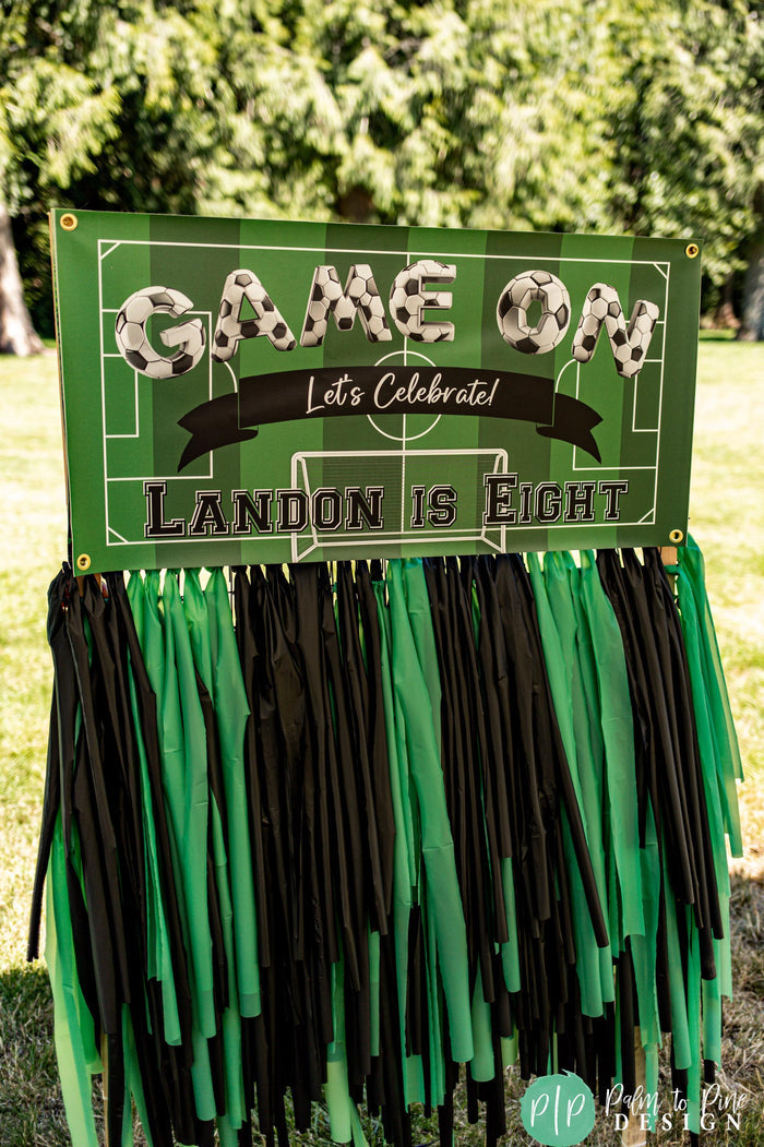 Soccer Birthday Banner with black and green fringe garland