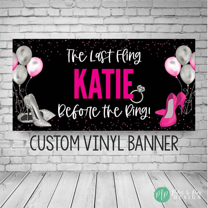 Black, pink and silver bachelorette party banner with balloons and high heel design, personalized with name