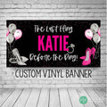 Black, pink and silver bachelorette party banner with balloons and high heel design, personalized with name