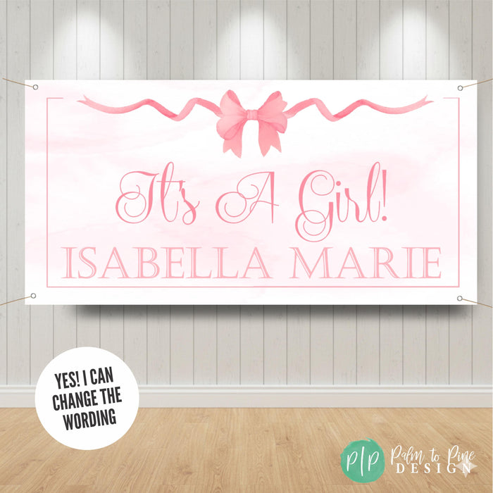 It's A Girl pink bow baby shower banner