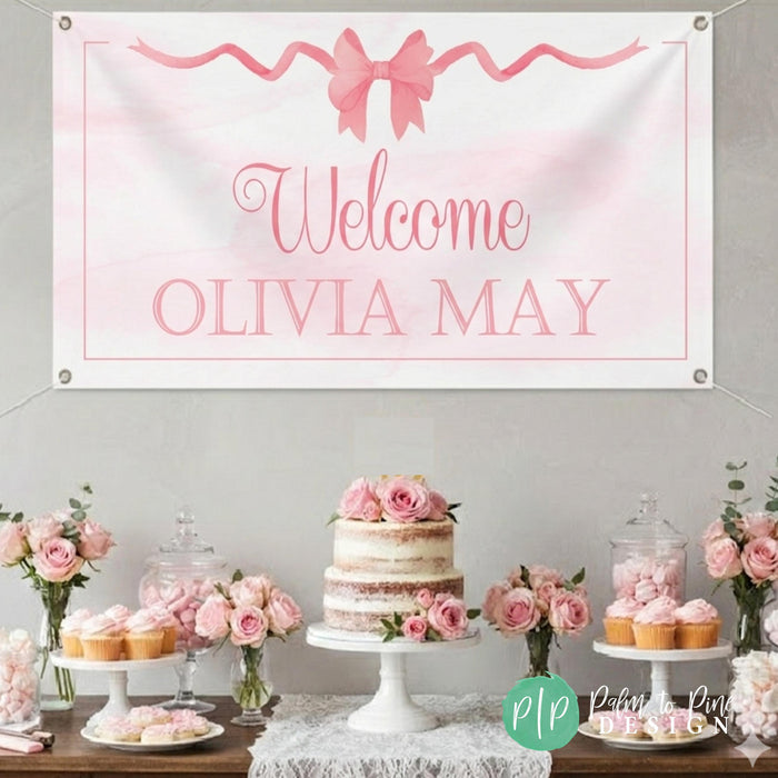 Welcome baby girl banner personalized with name in pink bow theme