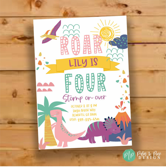 Pink Dinosaur Birthday Invitation