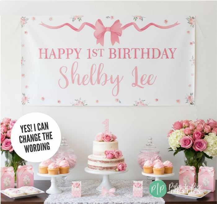 Girls first birthday banner in pink bow and flowers theme