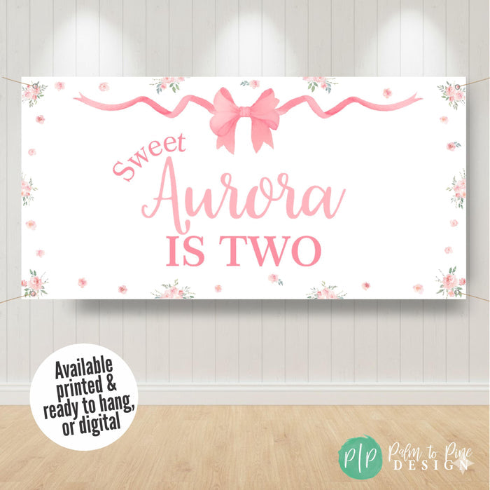 pink coquette bow birthday banner, personalized with any age and name