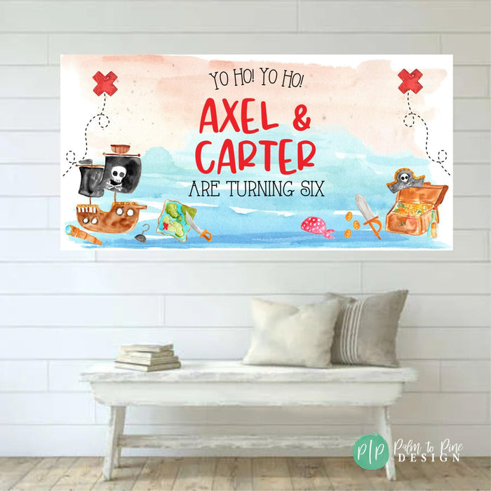 Watercolor pirate birthday banner with beach background, pirate ship, jolly roger flag, treasure map, and custom name – reads “Yo Ho Yo Ho, let’s celebrate!"