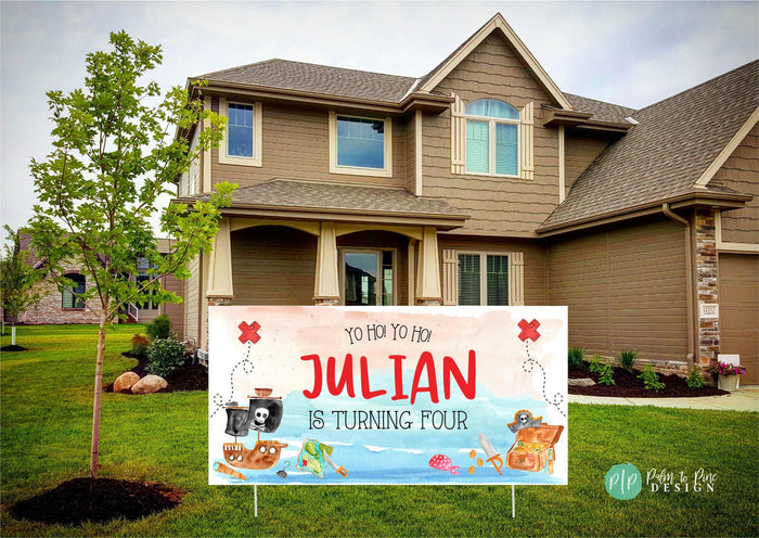 Personalized pirate party banner for boys featuring watercolor ocean scene, pirate gold, a treasure map, and classic pirate ship with flag