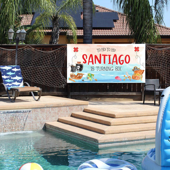 Custom “Yo Ho Yo Ho, let’s celebrate” birthday banner with pirate theme – watercolor beach design, gold coins, and birthday boy’s name.