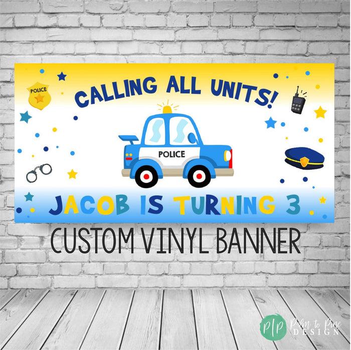 boys 3rd birthday cop car themed banner, personalized with kids name and age