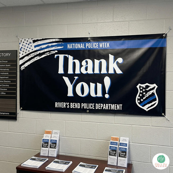 Police station decorated with appreciation banner for National Police Week