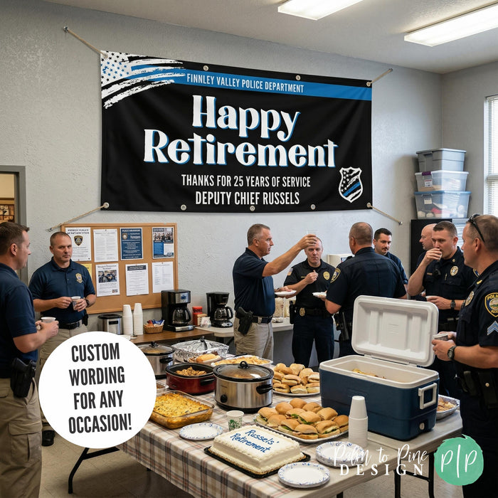 Law enforcement retirement banner hanging in break room with casual potluck luncheon