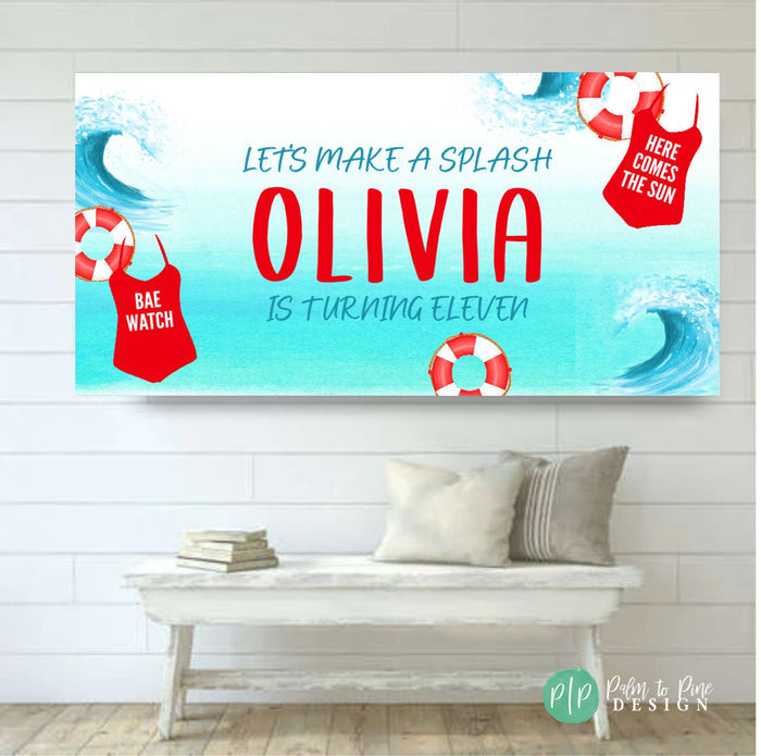 Red Swim Suit Pool Party Birthday Banner for Girls Party