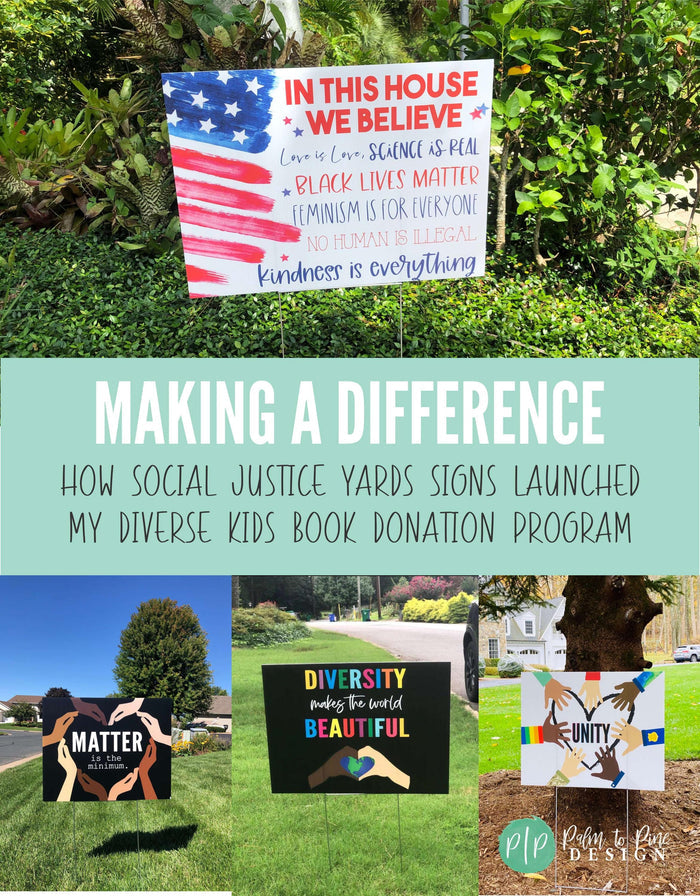 Social justice yard signs and information about a book donation advocacy program